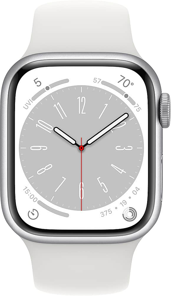 Angle. Apple - Apple Geek Squad Certified Refurbished Watch Series 8 (GPS) 41mm Aluminum Case with White Sport Band - S/M - Silver.