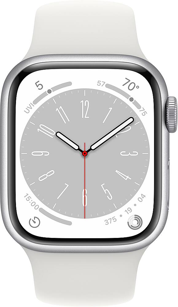 Angle. Apple - Apple Geek Squad Certified Refurbished Watch Series 8 (GPS) 41mm  Aluminum Case with White Sport Band - S/M - Silver.
