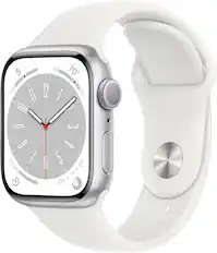 Front. Apple - Apple Geek Squad Certified Refurbished Watch Series 8 (GPS) 41mm Aluminum Case with White Sport Band - S/M - Silver.