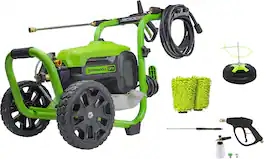 Greenworks - Electric Pressure Washer up to 3000 PSI at 2.0 GPM Combo Kit with short gun, mitts, and 15" surface cleaner - Green