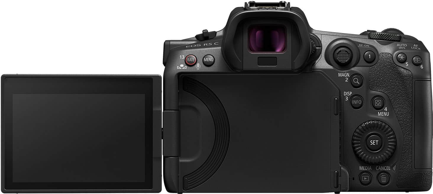 Back View: Canon - EOS R5 C 8K Video Mirrorless Cinema Camera with RF 24-70 f/2.8 L IS USM Lens - Black