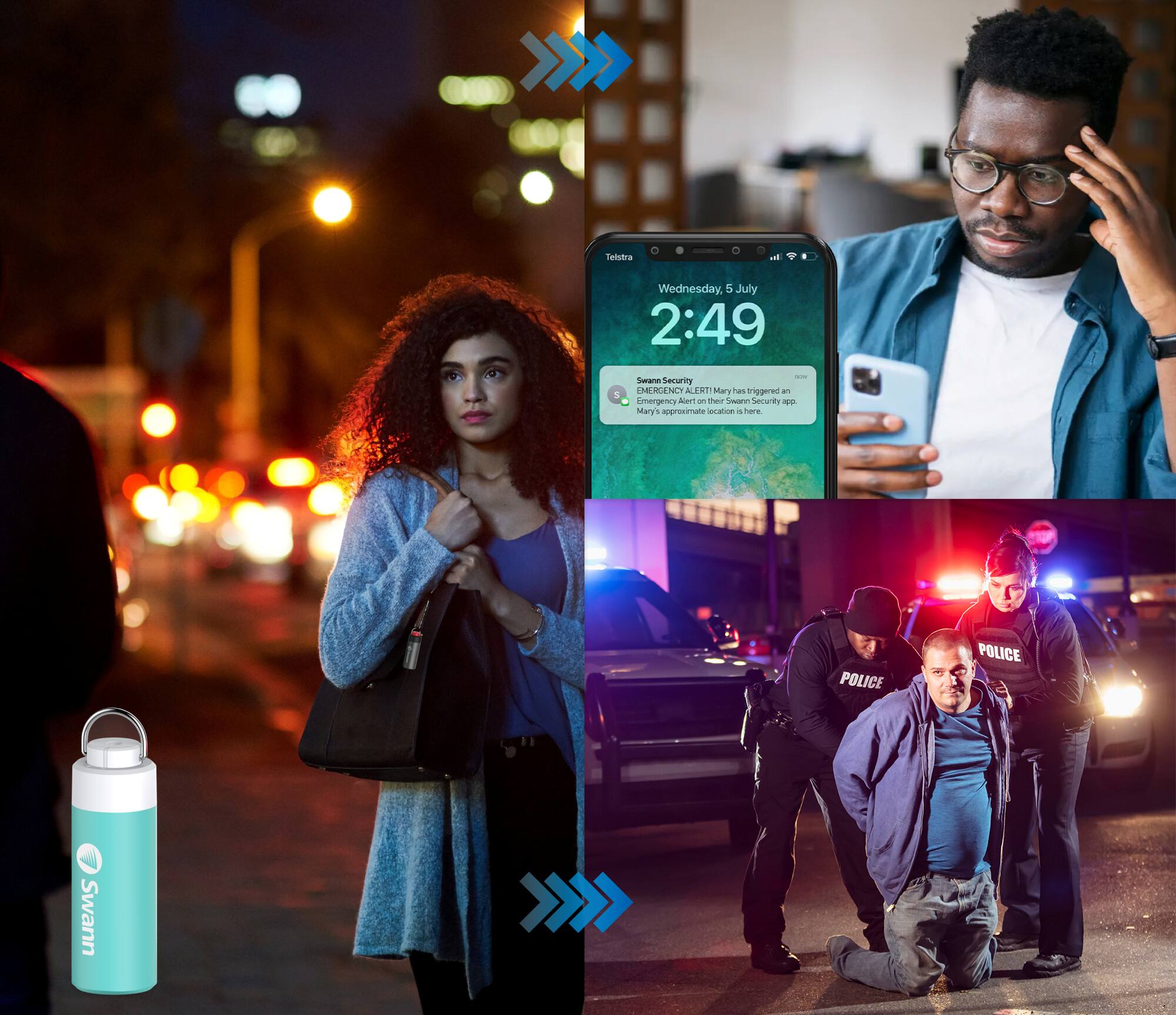 The text on the image is about a woman and a man. The woman is holding a cell phone and a handbag, while the man is kneeling down. The image also shows a police officer and a car. The text is about a security alert, and there is a reference to a police officer and a cell phone.