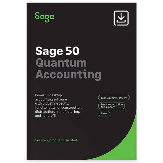 Front. Sage - SAGE 50 QUANTUM ACCOUNTING 2024 U.S. 1-USER 1-YEAR SUBSCRIPTION.