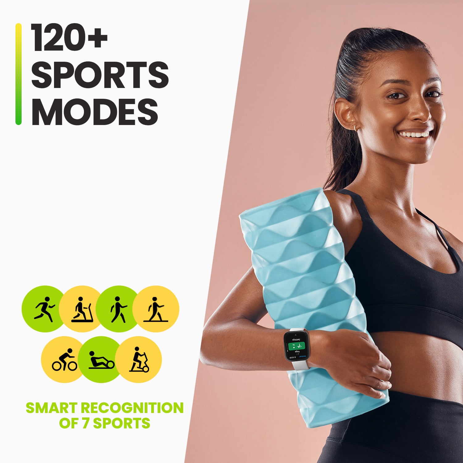 The image features a woman wearing a black shirt and holding a blue sports ball. She is also wearing a watch on her wrist. The image is promoting a sports mode that offers smart recognition of 7 sports. The sports modes include running, cycling, swimming, and more. The woman's smile and the sports ball suggest that she is enjoying her workout and the benefits of the sports mode.
