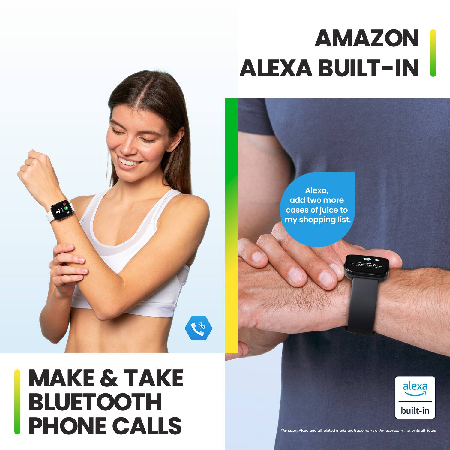 The image features a man and a woman, both wearing white shirts, holding up their wrists with Amazon Alexa built-in smartwatches. The man is on the left side of the image, while the woman is on the right side. The image is promoting the use of these smartwatches, which allow users to make and take blue-tooth phone calls. The man and woman are smiling, showcasing the convenience and functionality of the Amazon Alexa built-in smartwatches.