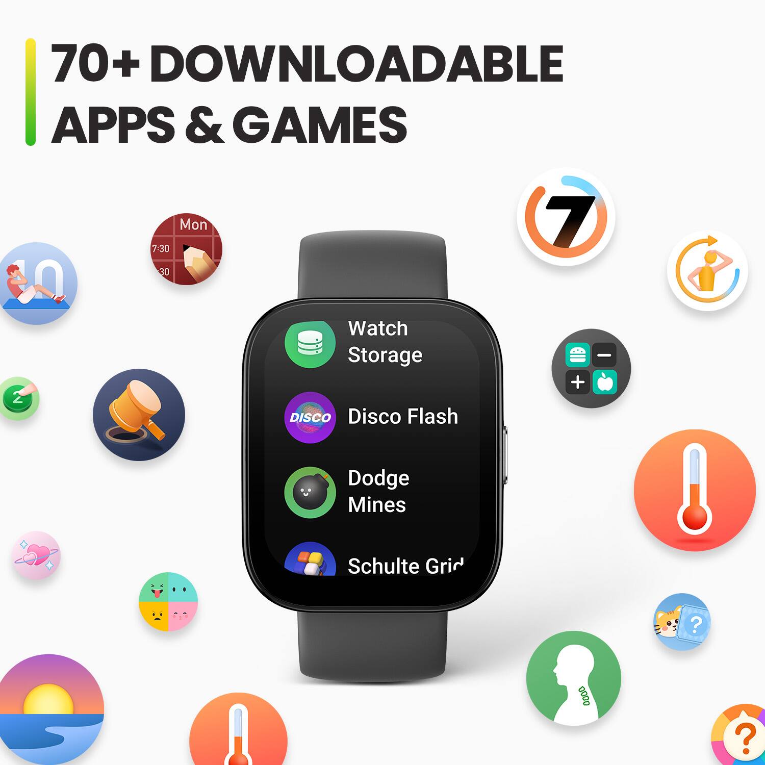 The image features a smartwatch with a variety of apps and games displayed on its screen. The watch is surrounded by icons representing the different apps and games available for download. The watch is described as having 70+ downloadable apps and games, making it a versatile and entertaining device. The watch's screen is filled with various icons, showcasing the diverse range of options available to users.