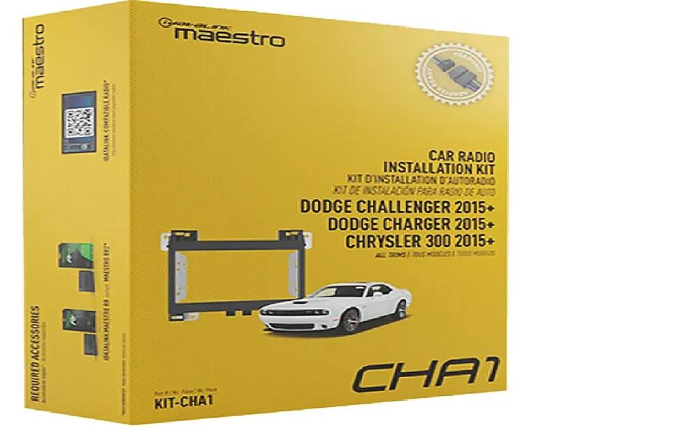 Angle. Maestro - Dashboard and Radio Replacement Kit for 2015-up Dodge Charger, Challenger, and Chrysler 300 - Black.