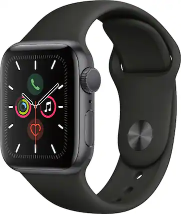 Front. Apple - Geek Squad Certified Refurbished Watch Series 5 (GPS) 40mm Space Gray Aluminum Case with Black Sport Band - Space Gray Aluminum.