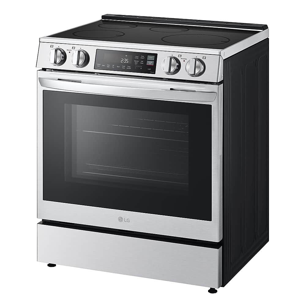 Left. LG - 6.3 Cu. Ft. Freestanding Electric Induction True Convection Range with EasyClean and Air Fry - PrintProof Stainless Steel.