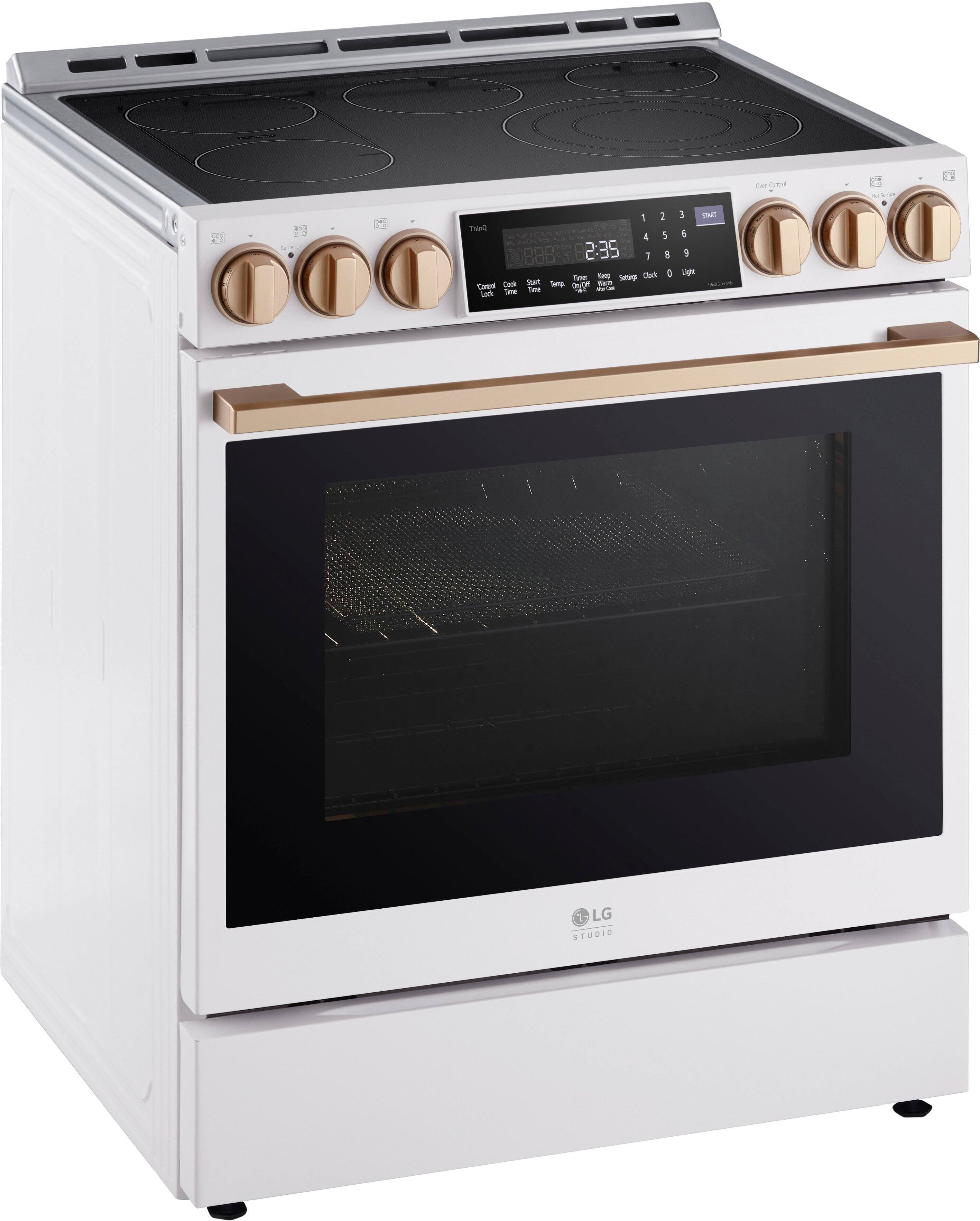 Angle. LG - STUDIO 6.3 Cu. Ft. Smart Slide-In Electric True Convection Range with EasyClean and Air Sous Vide - Essence White.
