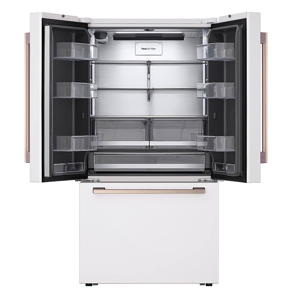 The text "Fresh Alr me" is not present in the image. The image shows a white refrigerator with a clear glass door and shelves inside.