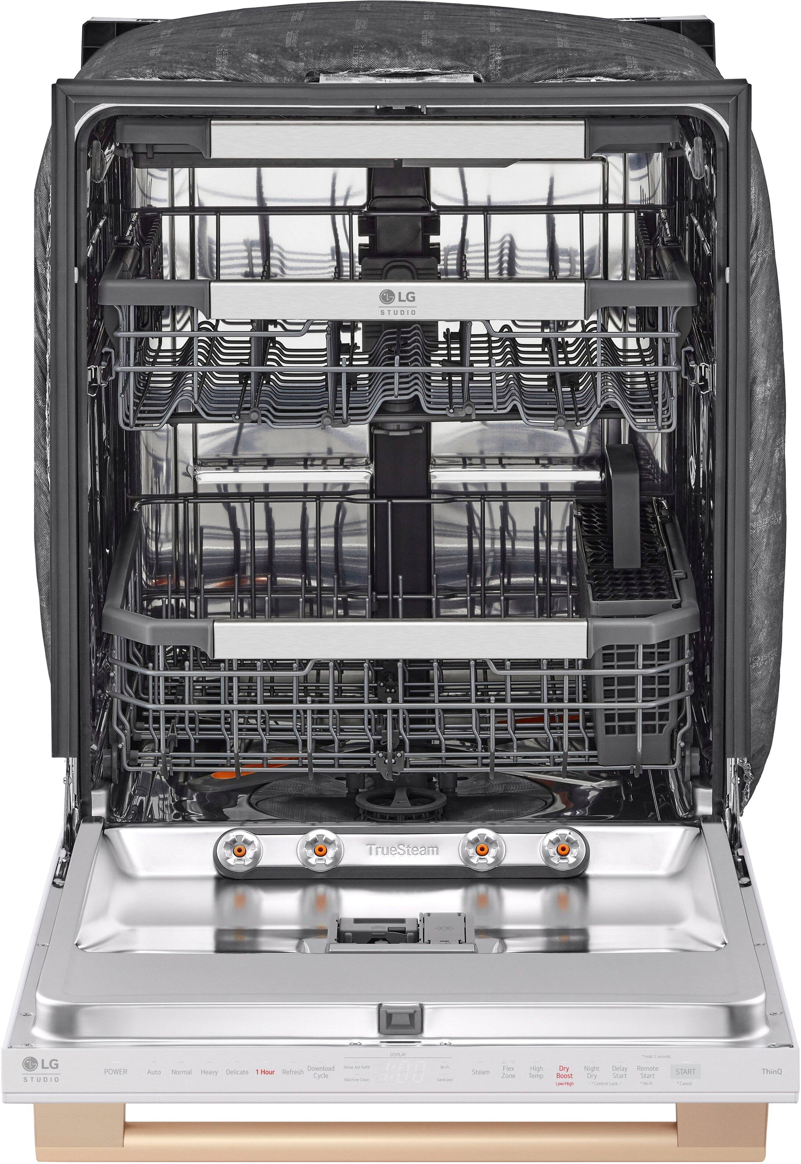 Angle. LG - STUDIO 24" Top Control Smart Built-In Stainless Steel Tub Dishwasher with 3rd Rack, QuadWash Pro, and 40dBA - Essence White.