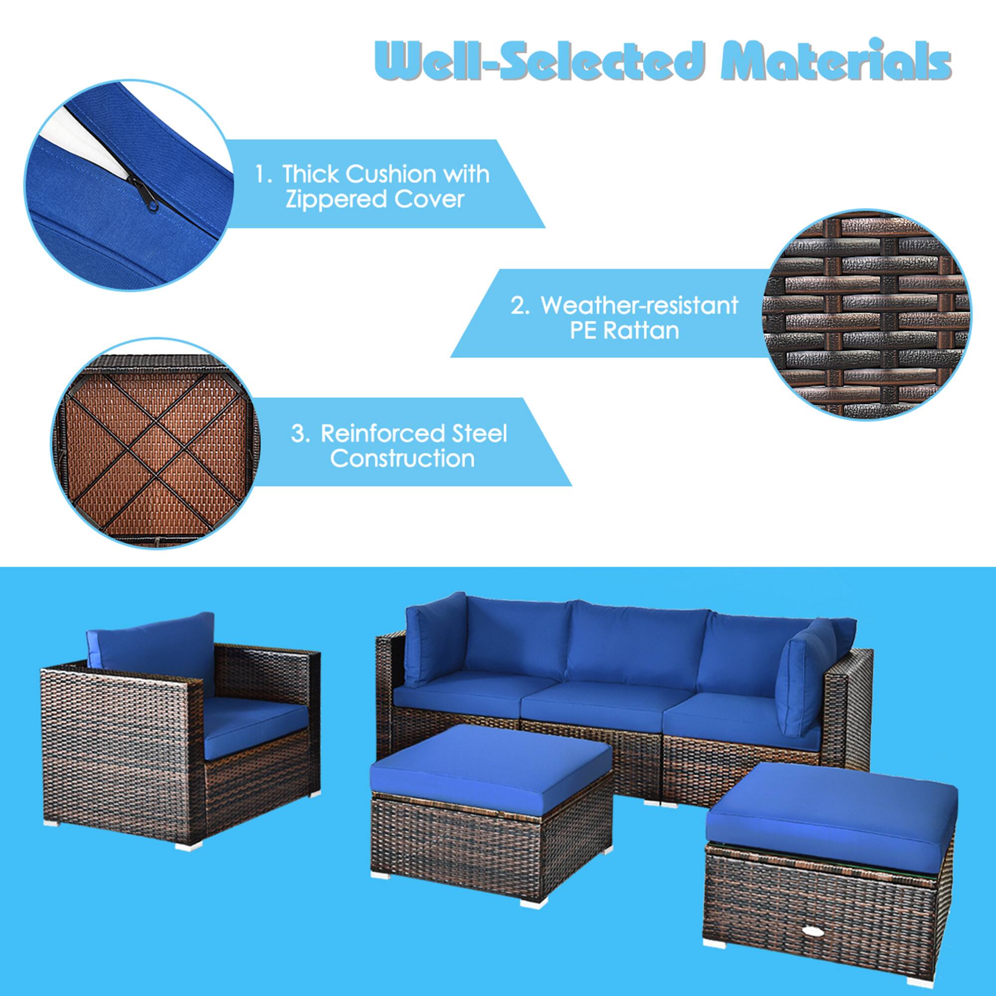 Well-Selected Materials

1. Thick Cushion with Zippered Cover

2. Weather-resistant PE Rattan

3. Reinforced Steel Construction
