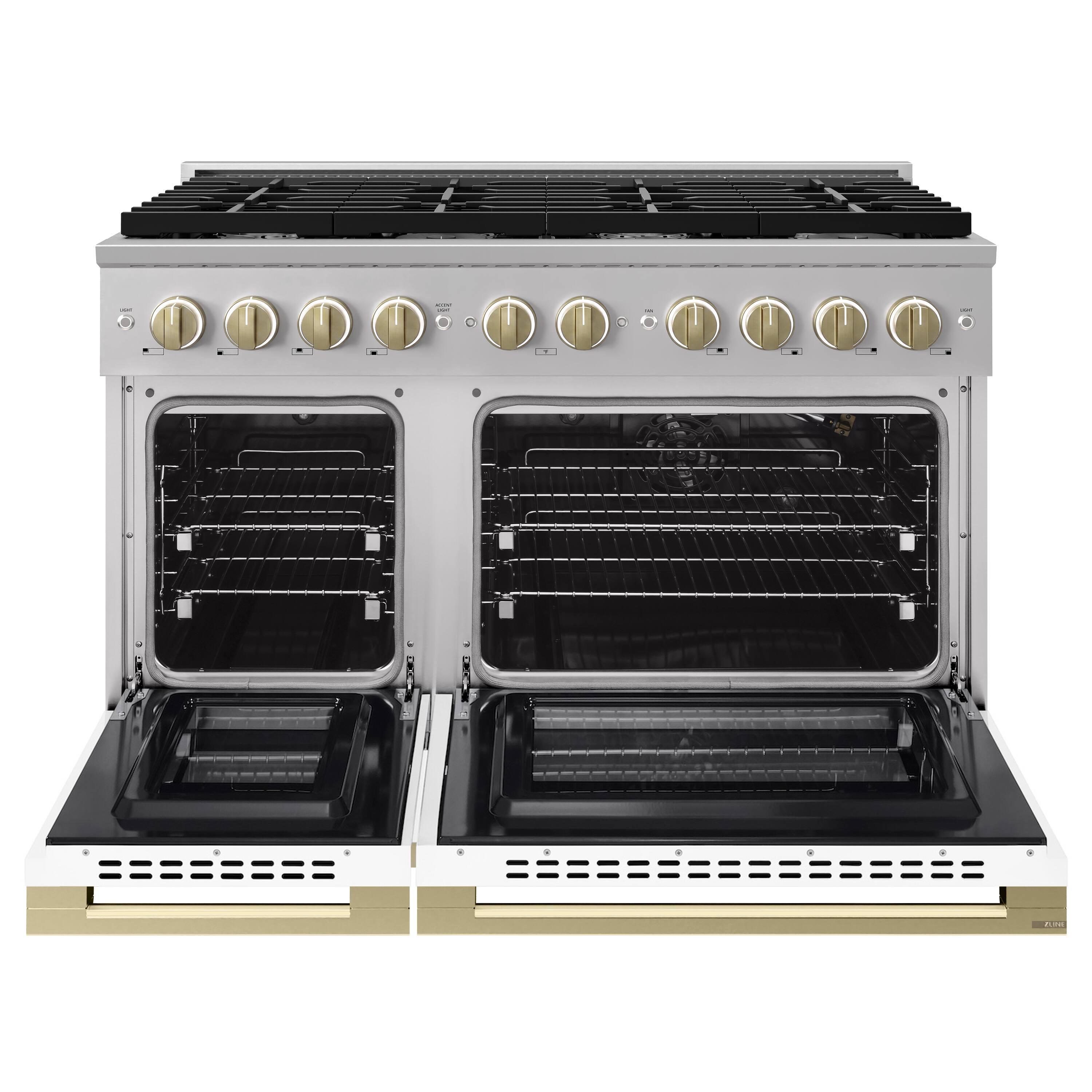 Angle. ZLINE - Autograph 48 in. 6.7 cu. ft. Marino Freestanding Double Oven Gas Range with 8 Burners and Champagne Bronze Accents - White Matte.