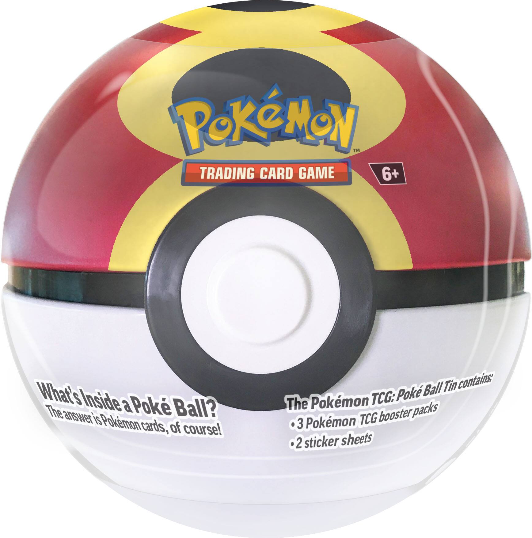 Pokémon™ Trading Card Game  
6+  

What's Inside a Pokémon Ball?  
The answer is Pokémon cards, of course!  

The Pokémon TCG: Pokémon Ball Tin contains:  
• 3 Pokémon TCG booster packs  
• 2 sticker sheets
