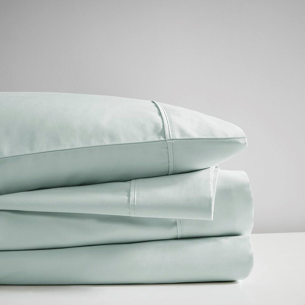 Alt View 2. Gracie Mills - Gracie Mills Nora 300 Thread Count Sateen Weave Organic Cotton Deep Pocket Sheet Set - Aqua.