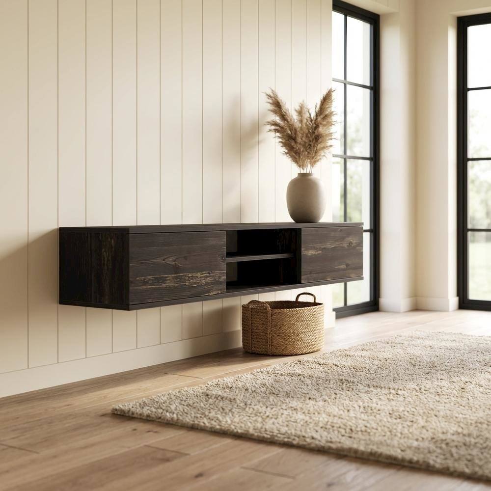 Alt View 2. FurniFact - Black Oak Wall-Mounted TV Stand with Engineered Wood Finish - Brown.