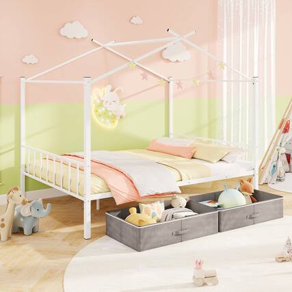 Front. Gymax - Gymax Full Size Metal House Bed w/ 2 Fabric Drawers Heavy-Duty Platform Bed White - White.