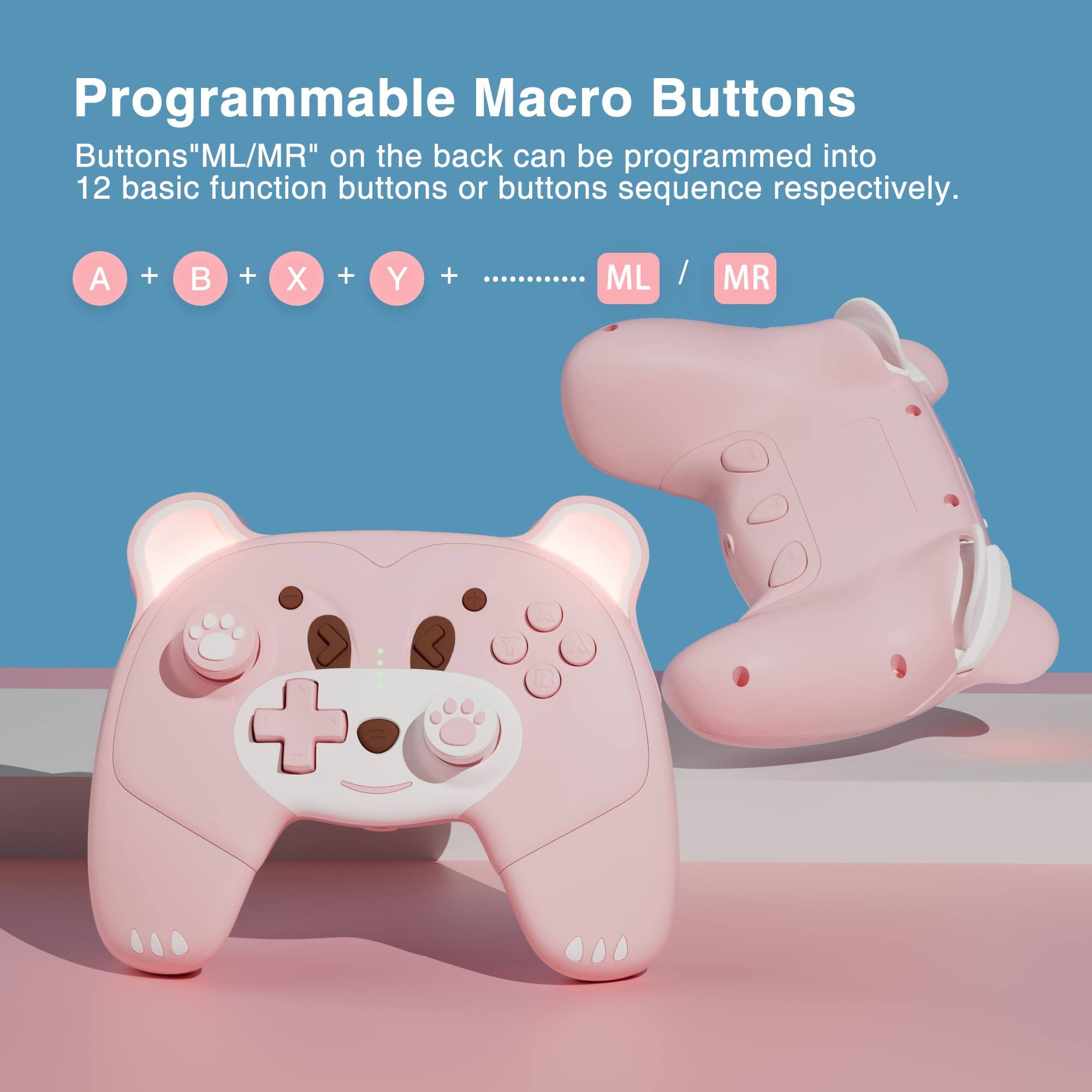 Programmable Macro Buttons

Buttons "ML/MR" on the back can be programmed into 12 basic function buttons or buttons sequence respectively.

A + B + X + Y + ............ ML / MR