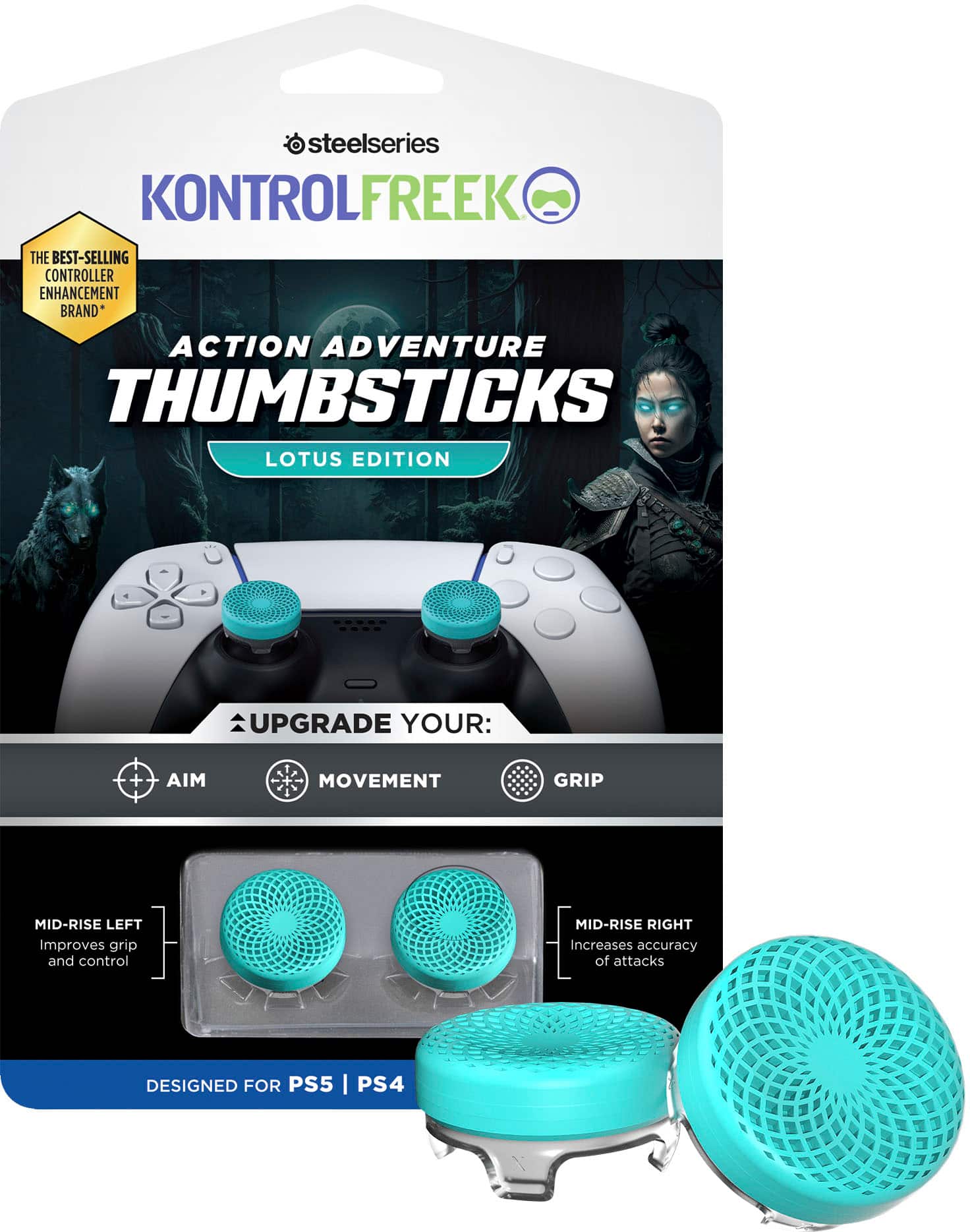 Steelseries KontrolFreek Action Adventure Thumbsticks Lotus Edition Upgrade Your: Aim Movement Grip Mid-Rise Left Improves grip and control Mid-Rise Right Increases accuracy of attacks Designed for PS5 | PS4