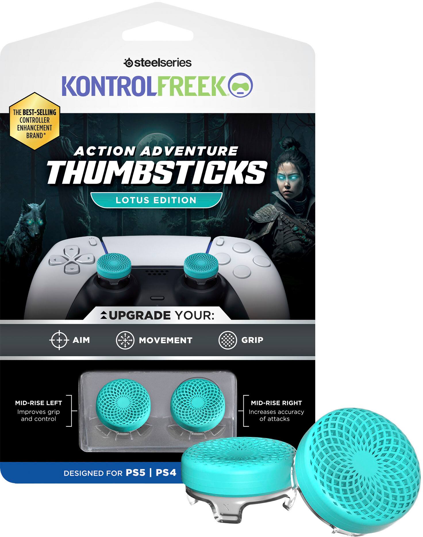 Steelseries KontrolFreek Action Adventure Thumbsticks Lotus Edition Upgrade Your: Aim Movement Grip Mid-Rise Left Improves grip and control Mid-Rise Right Increases accuracy of attacks Designed for PS5 | PS4