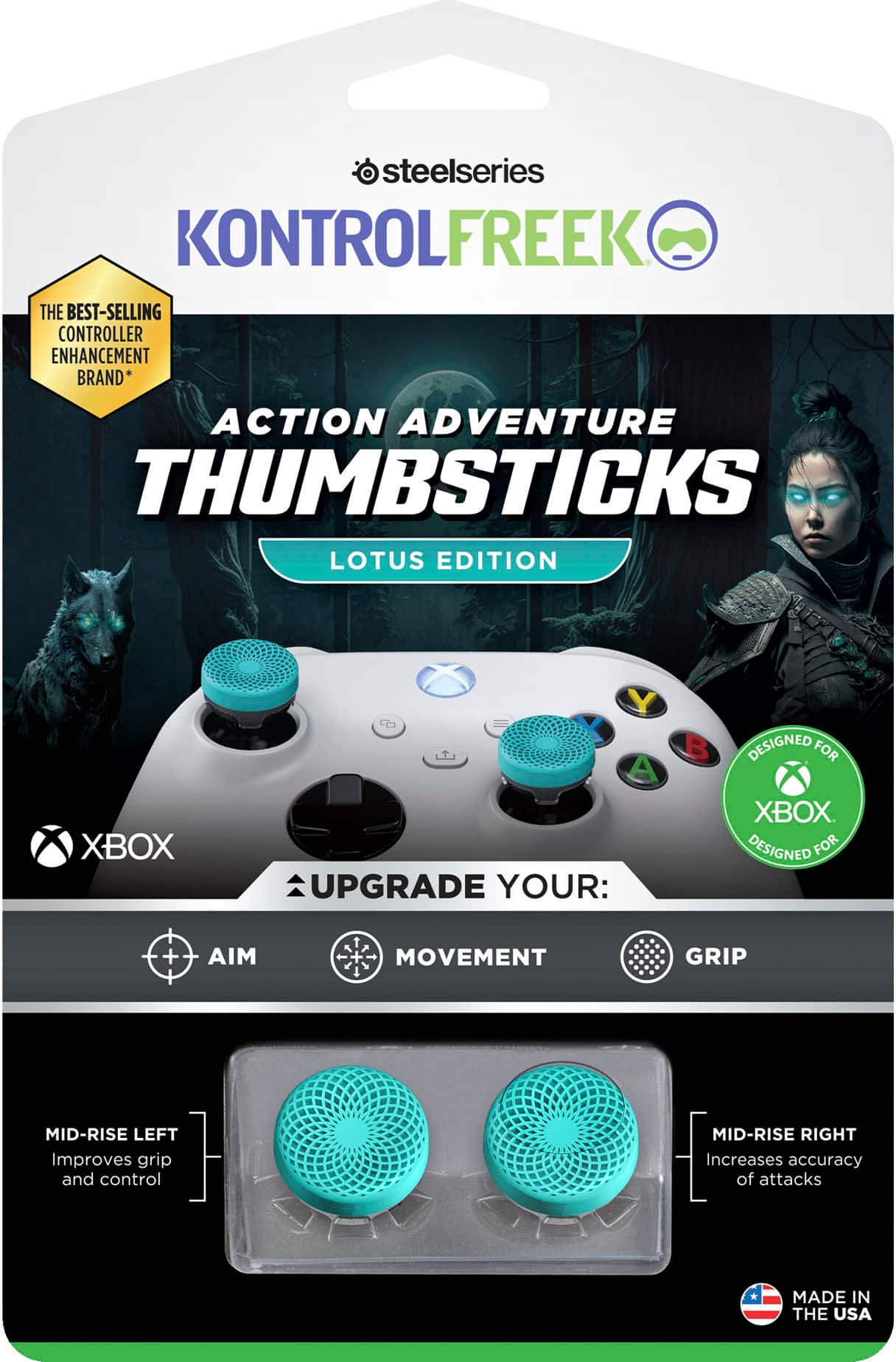 steelseries KONTROLFREEK THE BEST-SELLING CONTROLLER ENHANCEMENT BRAND* ACTION ADVENTURE THUMBSTICKS LOTUS EDITION XBOX ONE S XBOX ONE X UPGRADE YOUR: B DESIGNED FOR XBOX ONE. DESIGNED FOR + AIM 1 MOVEMENT GRIP MID-RISE LEFT Improves control and grip I MID-RISE RIGHT Increases accuracy of attacks MADE IN THE USA