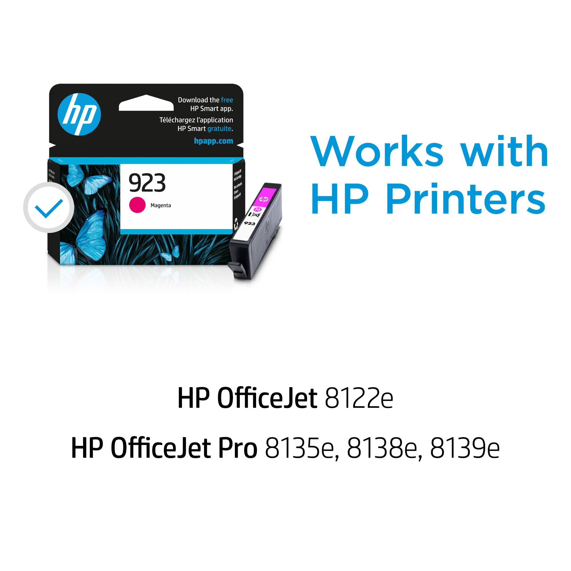 The image features a box of HP printer ink cartridges, which are compatible with various HP printers. The box contains two ink cartridges, one in magenta and the other in black. The HP printers that these ink cartridges work with include the HP OfficeJet 8122e, HP OfficeJet Pro 8135e, 8138e, and 8139e. The ink cartridges are designed to provide high-quality printing and are available for purchase at a reasonable price.