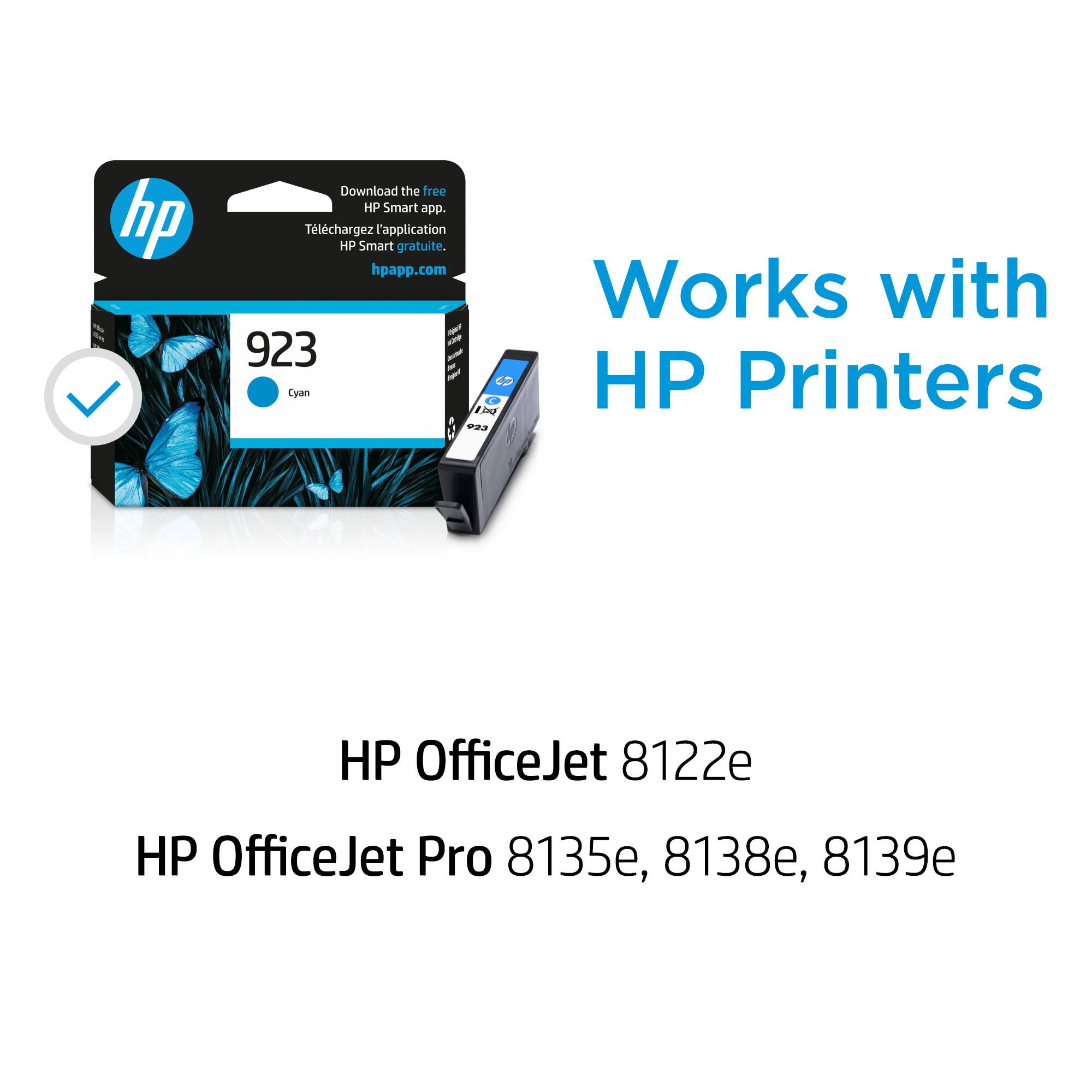The image features a box of HP printer ink cartridges, specifically designed to work with HP printers. The ink cartridges are compatible with various HP printer models, including the HP OfficeJet 8122e, 8135e, 8138e, and 8139e. The box also contains a free HP Smart app, which can be downloaded from hpapp.com.