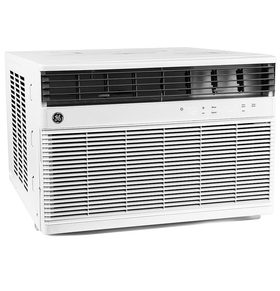 Front. GE - 550 Sq. Ft. 12,000 BTU Smart Window Air Conditioner and 10,800 BTU Heater - White.