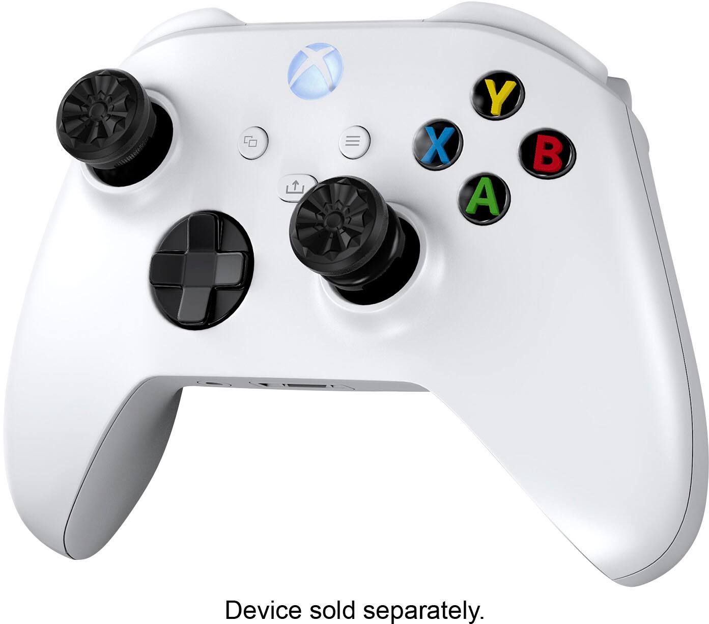 The image features a white Xbox controller with a black and white design. The controller has a Y, X, A, and B button, along with a directional pad. The device is sold separately, as indicated by the text "device sold separately."