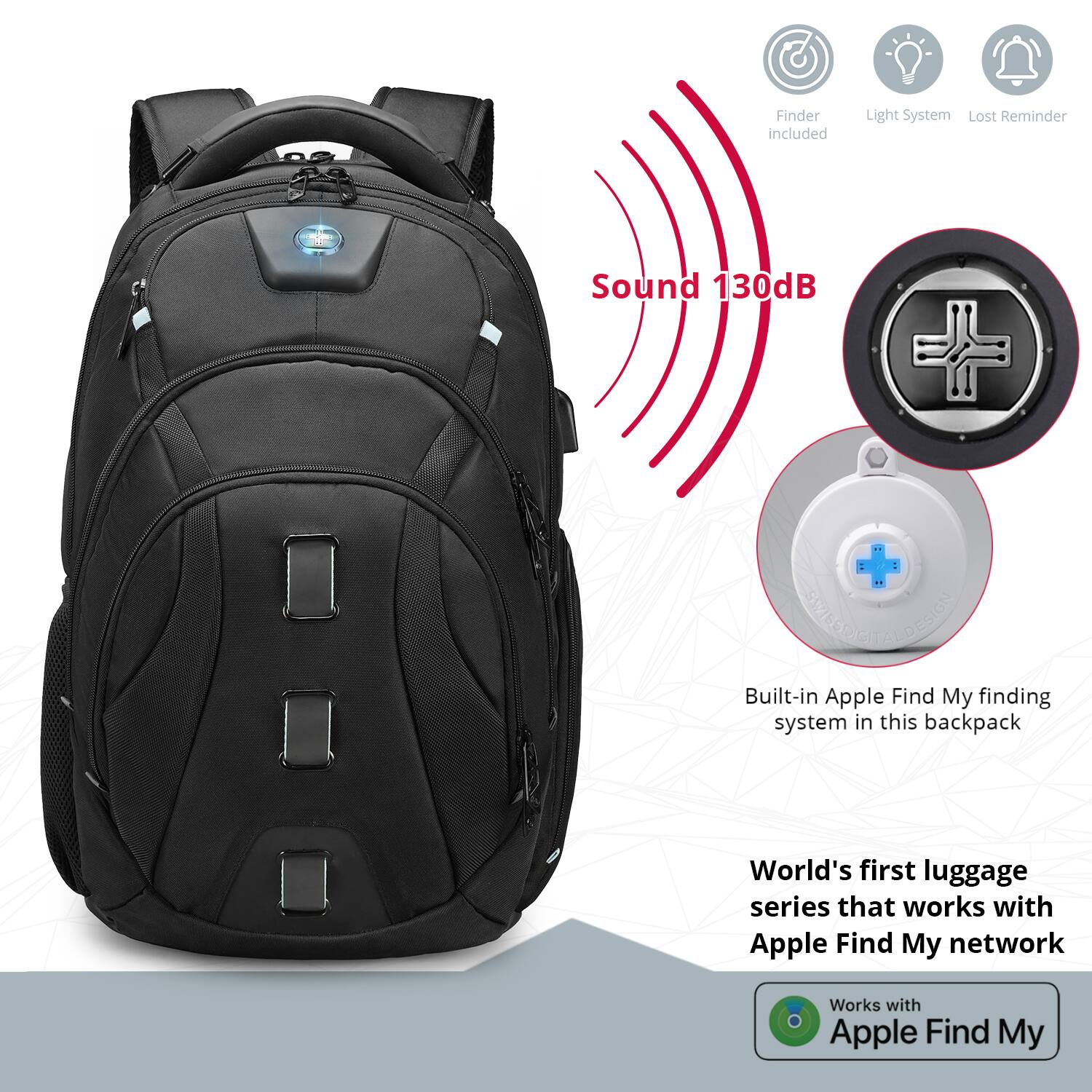 The backpack features a built-in Apple Find My system, which allows the user to locate their belongings easily. The backpack also includes a sound system that emits a loud 130 dB sound, making it easier to find the backpack in case it gets lost. Additionally, the backpack has a light system and a lost reminder feature, which can help the user locate their belongings in low light conditions or when they are not around to keep an eye on the backpack. This backpack is part of the world's first luggage series that works with the Apple Find My network.
