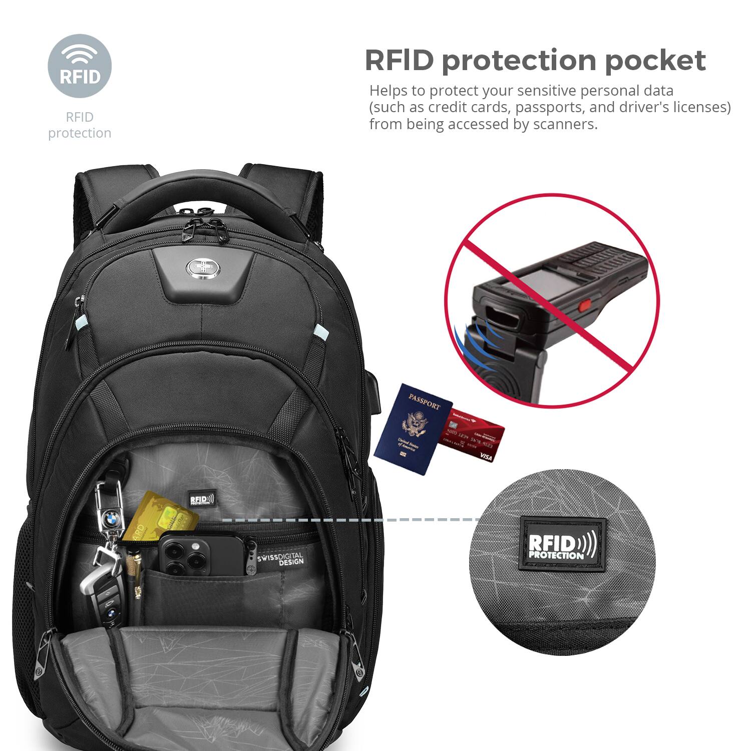 RFID Protection Pocket: Helps to protect your sensitive personal data (such as credit cards, passports, and driver's licenses) from being accessed by scanners.