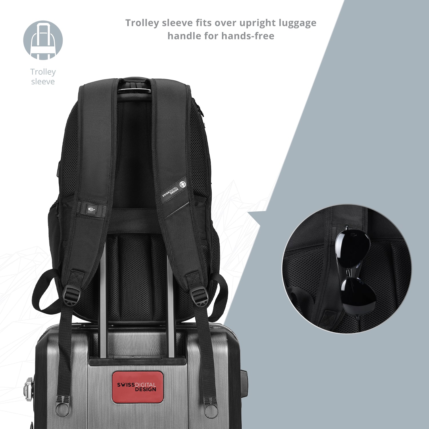 The image features a black backpack and a silver suitcase. The backpack is designed to fit over the handle of the suitcase, providing a hands-free solution for carrying luggage. The backpack is made of durable materials and is suitable for traveling. The silver suitcase is designed to be lightweight and easy to maneuver, making it a convenient choice for travelers. The combination of the backpack and suitcase offers a practical and stylish solution for transporting luggage.