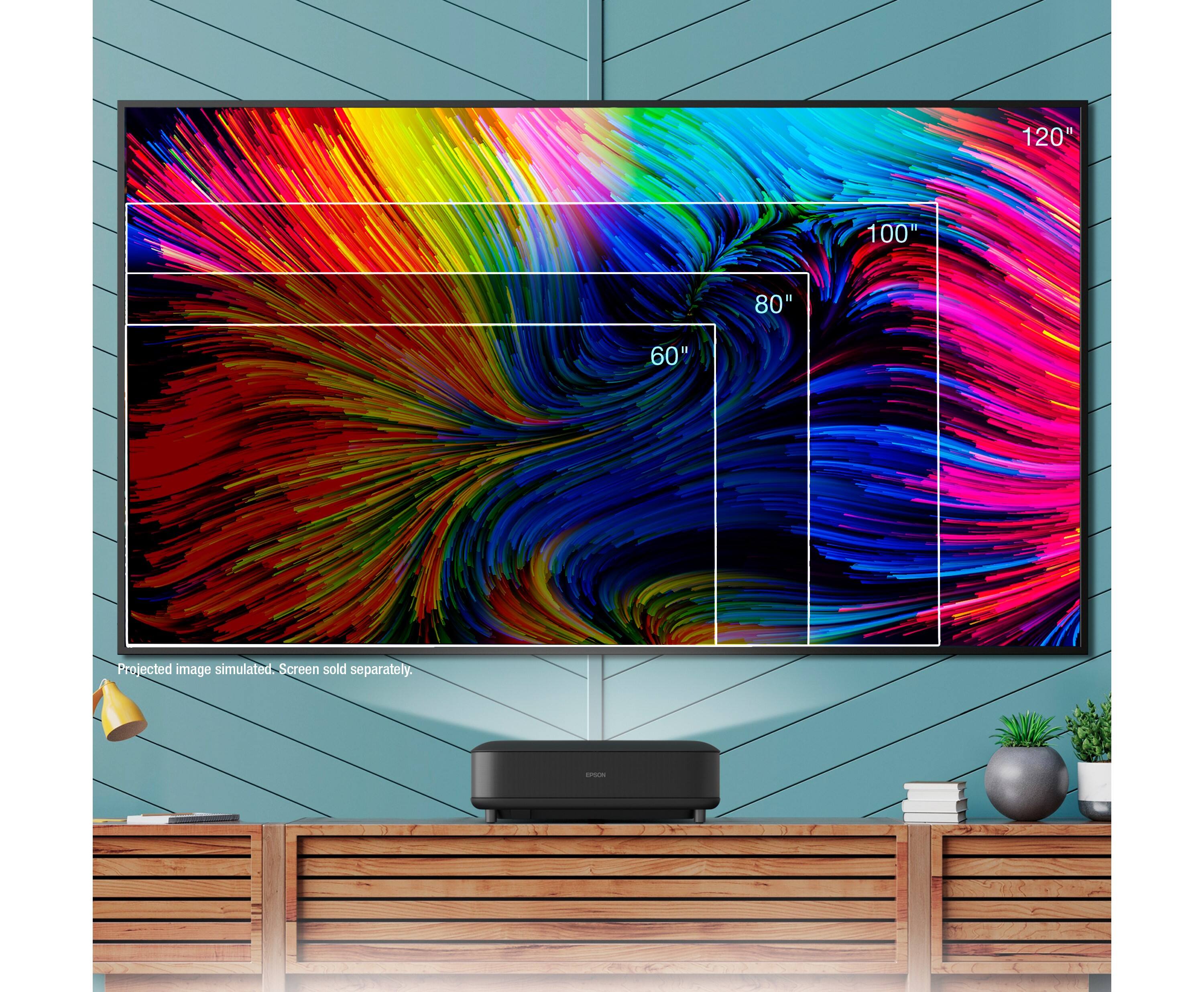 The text on the image reads: "120" 100" 80" 60" Projected image simulated. Screen sold separately."