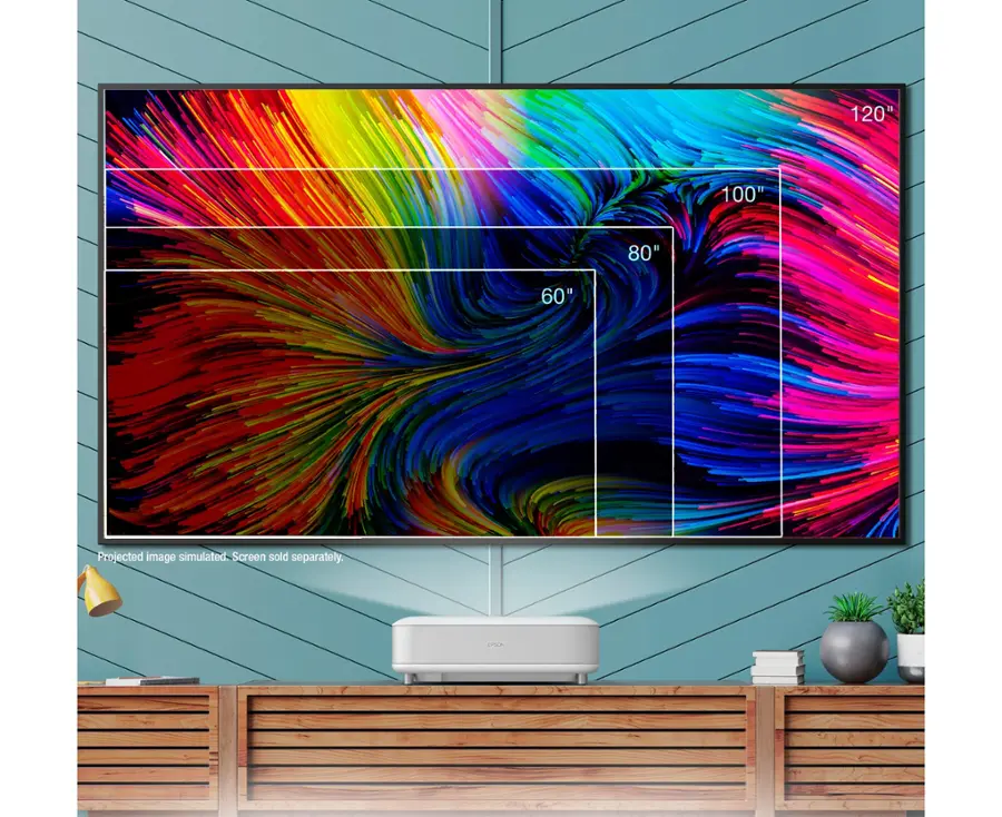 The text on the image reads: "120" "100" "80" "60" Projected image simulated. Screen sold separately.