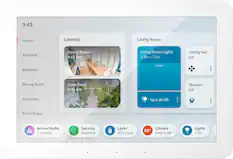 The image shows a tablet screen displaying various home automation settings. The settings include the living room, dining room, and bedroom. The living room has a camera and lights with two lights on and 75% of the ceiling fan off. The dining room has a vacuum and entryway settings. The bedroom has a security system with all locks locked. The climate setting is set to 68 degrees, and the lights in the living room are turned on. The tablet also displays an active media stream and an active security system.