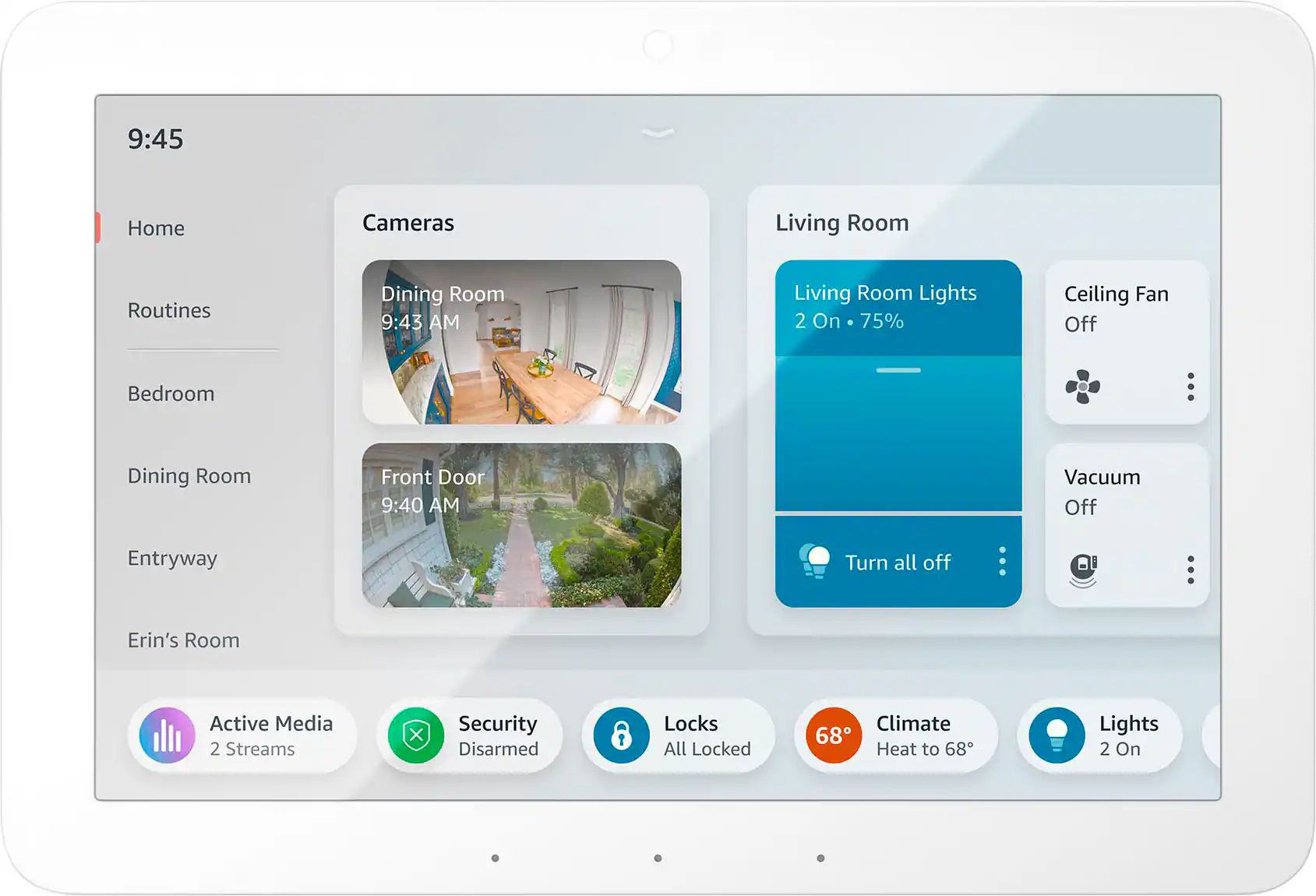 The image shows a tablet screen displaying various home automation settings. The settings include the living room, dining room, and bedroom. The living room has a camera and lights with two lights on and 75% of the ceiling fan off. The dining room has a vacuum and entryway settings. The bedroom has a security system with all locks locked. The climate setting is set to 68 degrees, and the lights in the living room are turned on. The tablet also displays an active media stream and an active security system.