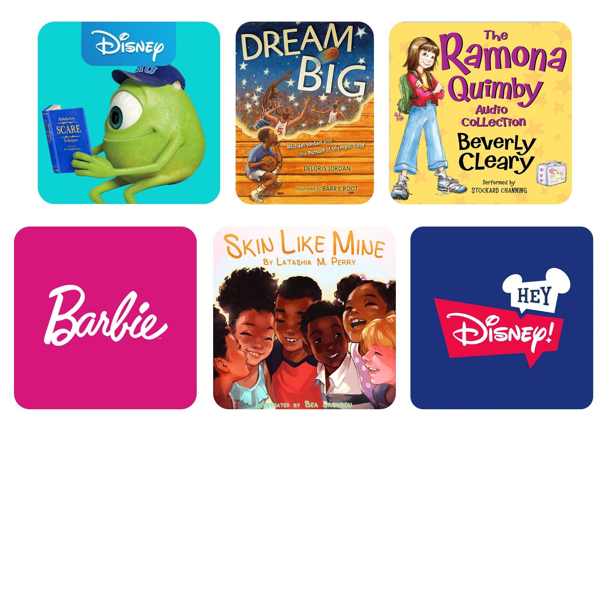 The image features a collection of books, including a Barbie book, a Disney book, and a Ramona Quimby book. The books are arranged in a grid pattern, with each book occupying a separate square. The books are likely intended for children and are part of a larger collection.