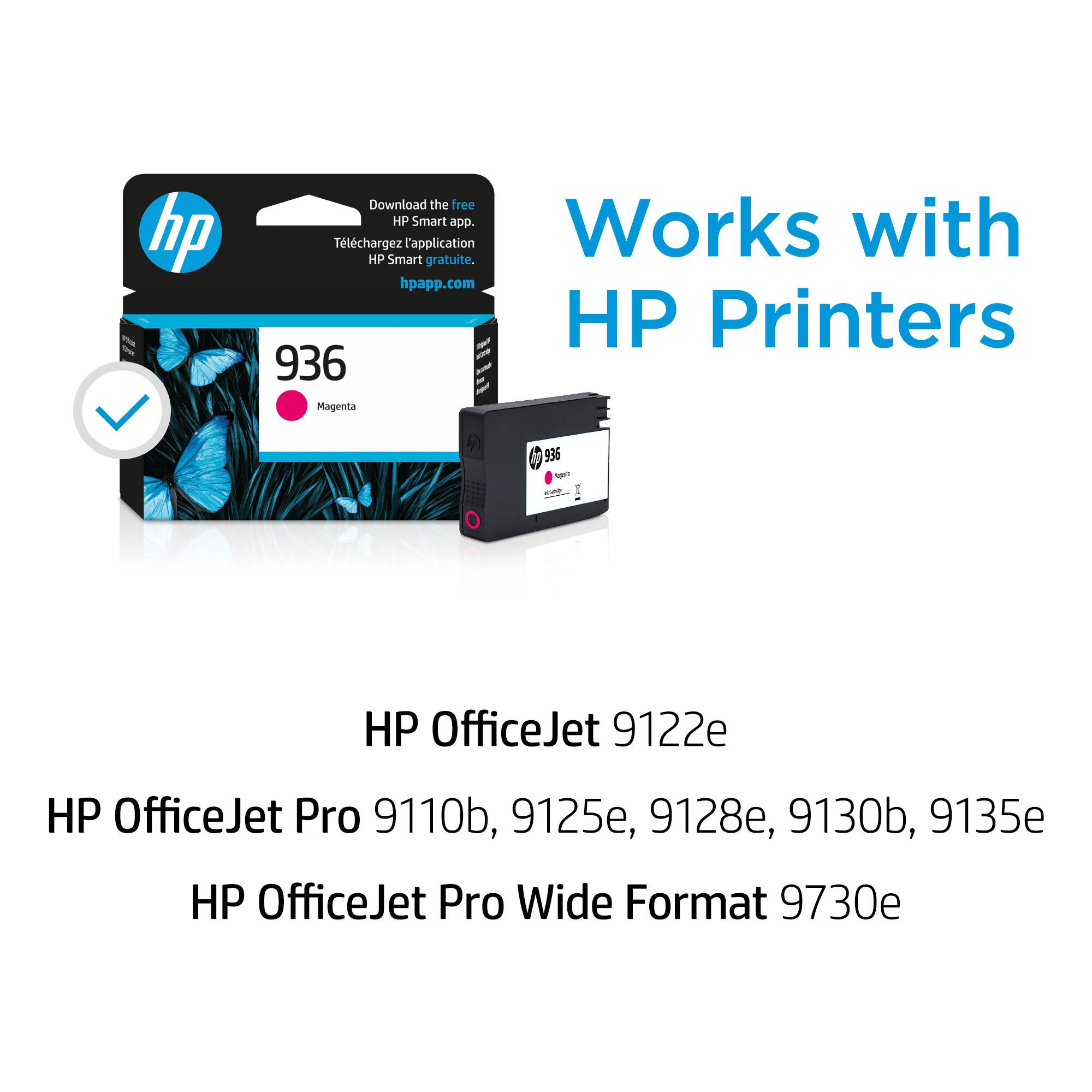 The image features a box of HP printer ink cartridges, with a close-up of the ink cartridge. The box is labeled with the HP logo and the ink cartridge is described as being compatible with HP printers. The box also contains a free HP Smart app download, which can be accessed through the HP app website. The ink cartridge is available in various sizes, including HP OfficeJet 9122e, HP OfficeJet Pro 9110b, 9125e, 9128e, 9130b, 9135e, and HP OfficeJet Pro Wide Format 9730e.
