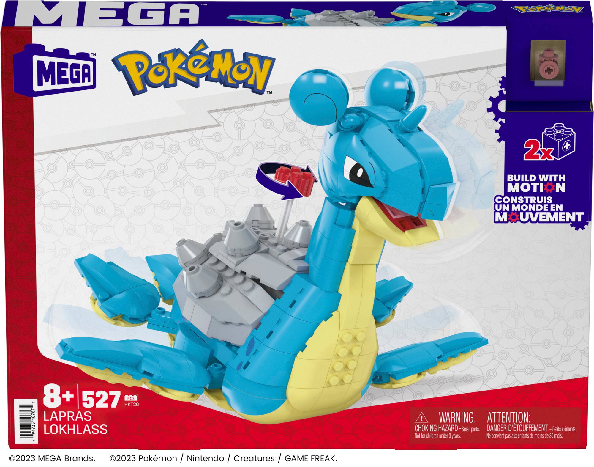 The image features a blue and yellow Pokemon toy, specifically a Lapras, which is part of a Mega Mega Pokemon set. The toy is designed to be built with motion and comes with a construction set. The Lapras is sitting on top of a set of blocks, showcasing its size and the potential for creative play. The toy is intended for children aged 8 and above, and it is a product of Mega Brands. The image also includes a warning label, indicating that the toy may pose a choking hazard and is not suitable for children under the age of 3.