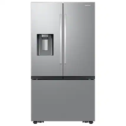 Front. Samsung - Open Box 31 cu. ft. 3-Door French Door Smart Refrigerator with Four Types of Ice - Stainless Steel.