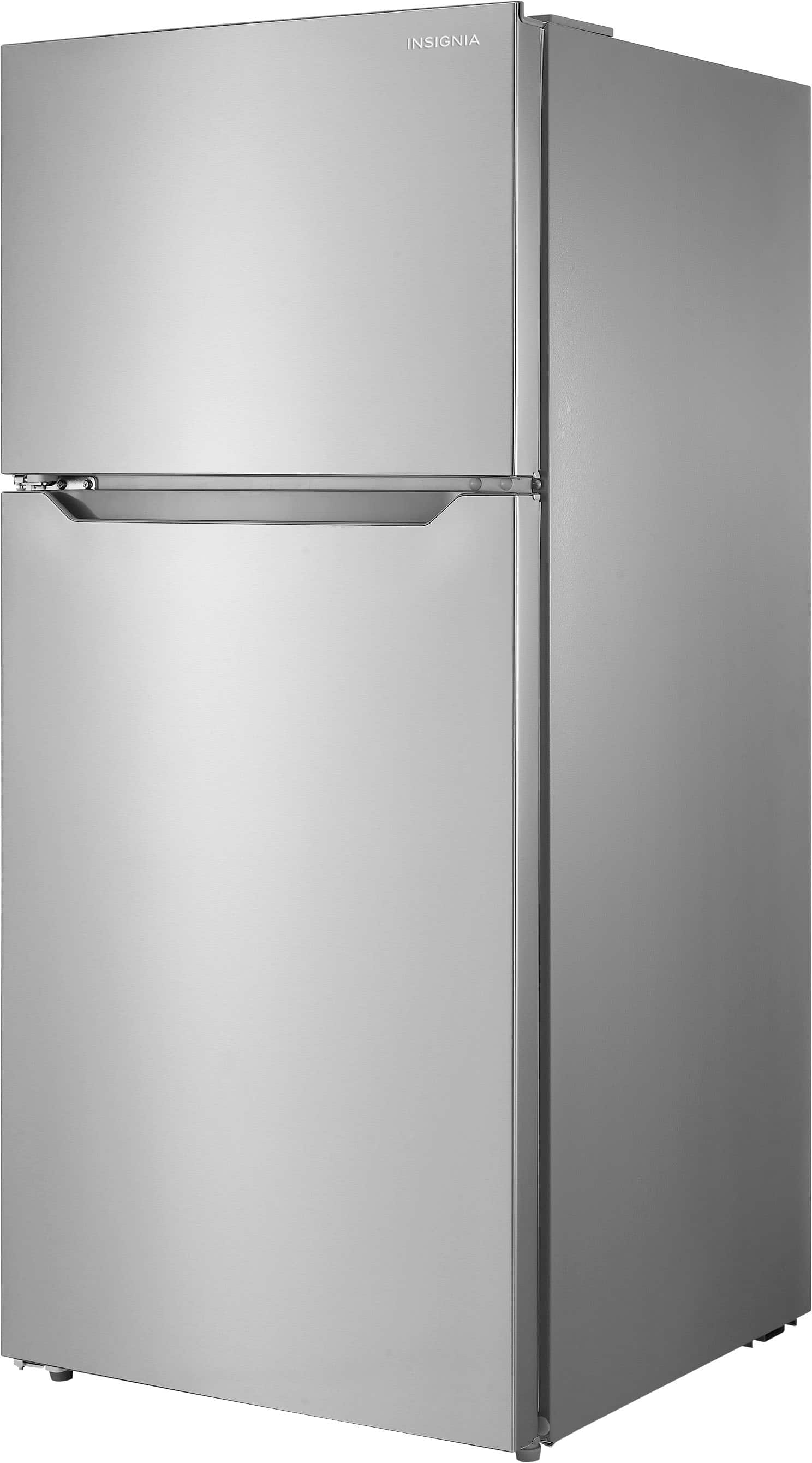 Left. Insignia™ - 14.2 Cu. Ft. Top-Freezer Refrigerator with ENERGY STAR Certification - Stainless Steel.