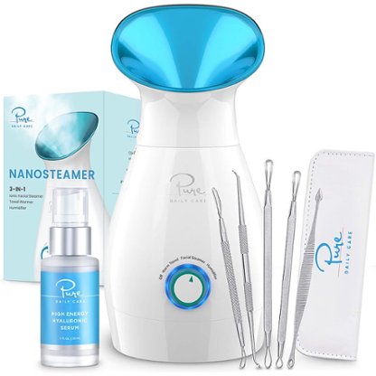 Pure Daily Care - Nano Ionic Facial Steamer with 5 Piece Skin Kit and Hyaluronic Serum - Teal