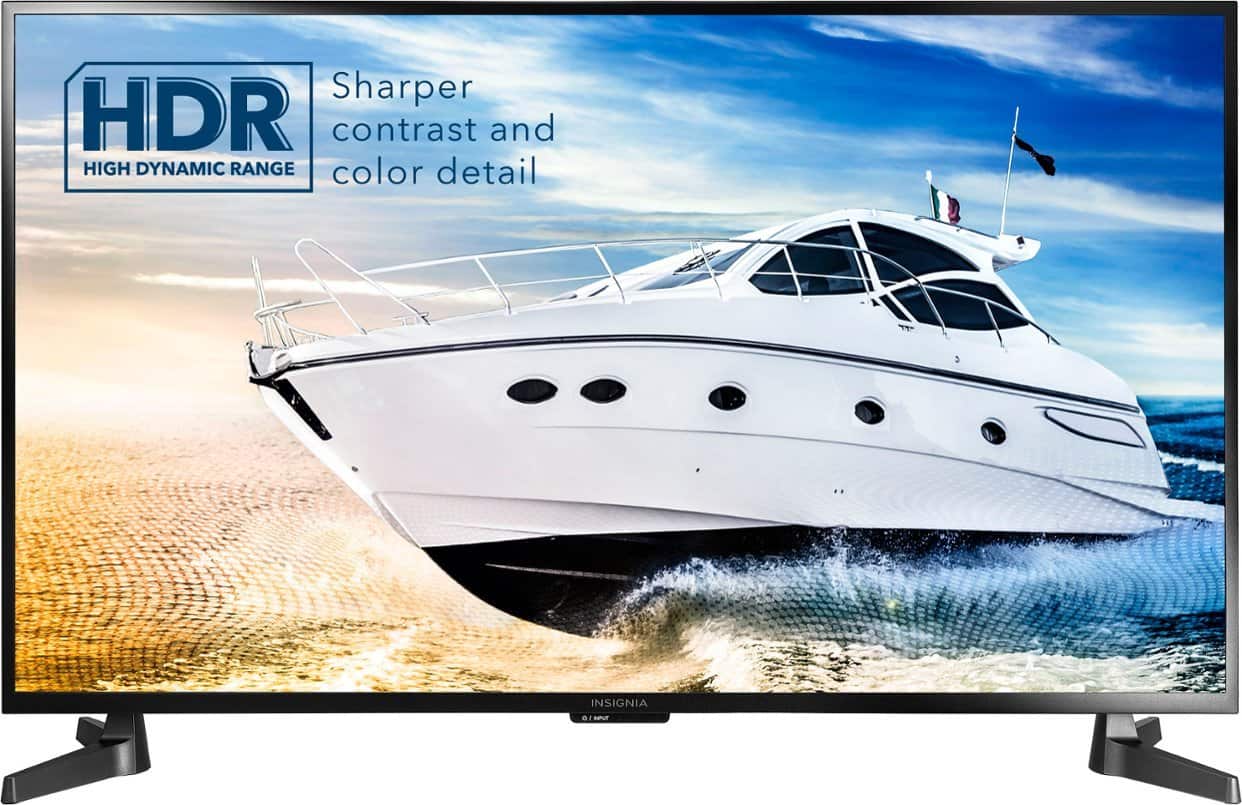 The image features a large flat-screen television with a boat on it. The TV is advertising the benefits of its high dynamic range (HDR) technology, which provides sharper contrast and more vibrant colors. The boat displayed on the TV screen adds an element of excitement and adventure to the advertisement.