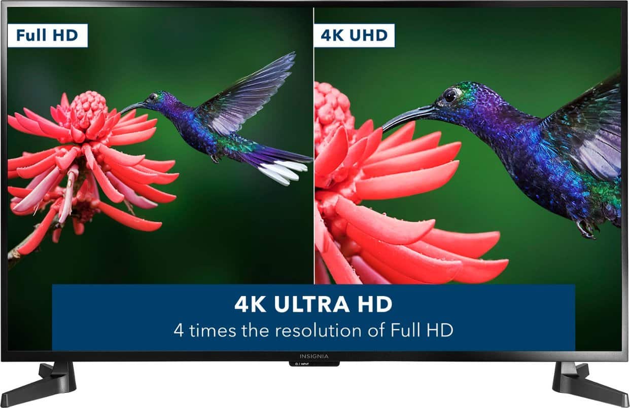 The image showcases a television set with a vibrant display of a hummingbird and a pink flower. The television is advertised as a Full HD 4K UHD 4K ULTRA HD, which provides four times the resolution of Full HD. The television is likely an Insignia product, as it is described as an Insignia product in the image. The display is visually appealing and highlights the capabilities of the television set.