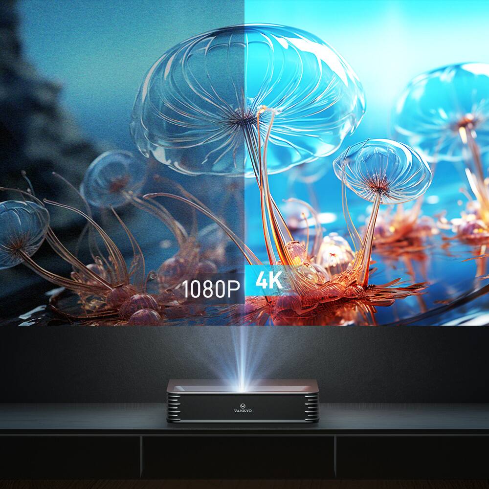 The image showcases a projector with a 4K resolution and a 1080p display. The projector is placed on a wooden table, and it is surrounded by a visually appealing scene featuring jellyfish. The jellyfish are displayed in various sizes and positions, creating a captivating and immersive visual experience. The projector's display capabilities and the vibrant jellyfish scene make it an ideal choice for multimedia enthusiasts and professionals.