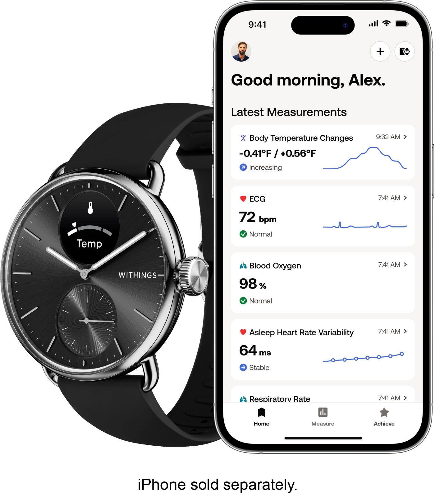 Angle. Withings - ScanWatch 2 - Heart Health Hybrid Smartwatch - 38mm - Black/Silver.