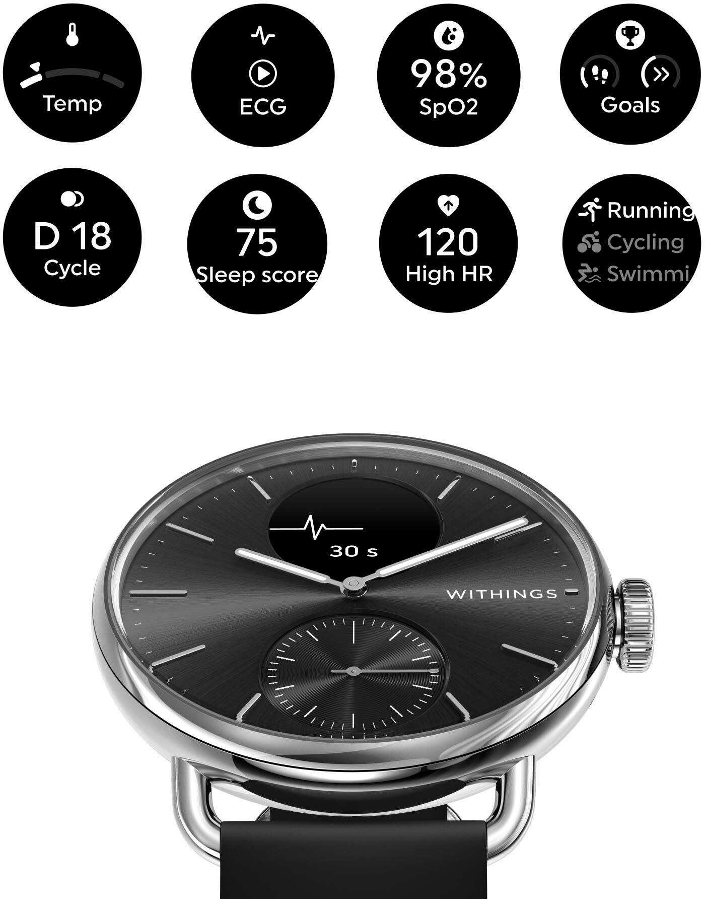 Left. Withings - ScanWatch 2 - Heart Health Hybrid Smartwatch - 38mm - Black/Silver.