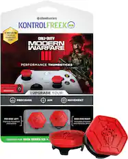 The steelseries KONTROLFREEK Modern Warfare 3 Performance Thumbsticks are designed for the Xbox Series X and include a digital in-game item. These thumbsticks come with a weapon charm and are intended to enhance the gaming experience for Call of Duty: Modern Warfare 3. The thumbsticks are available in two different styles: a mid-rise left thumbstick that improves movement and control, and a high-rise right thumbstick that increases precision and improves aiming.