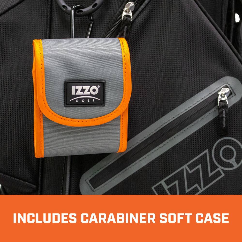 The image features a golf bag with a carabiner and a soft case. The carabiner is attached to the bag, and the soft case is included with the bag. The bag is designed by Izzo Golf, which is known for its high-quality golfing equipment.